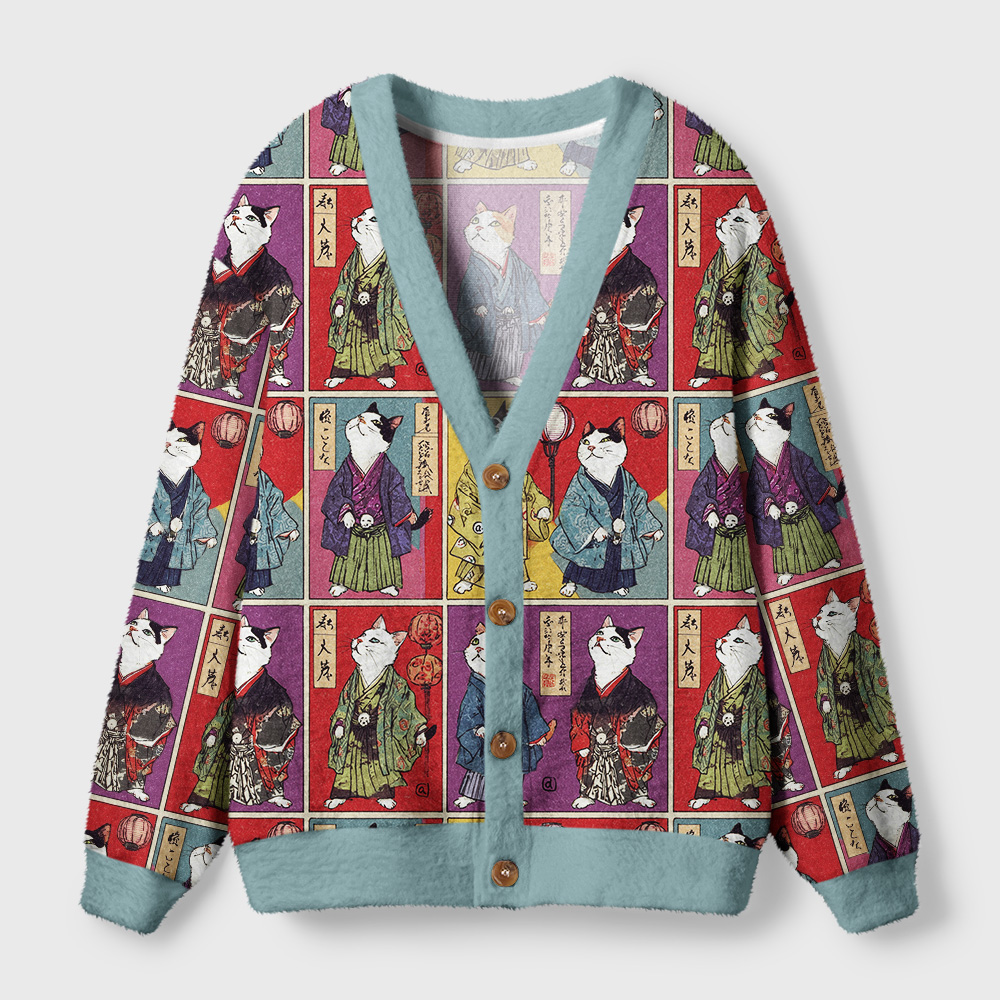 Tokyo-Tiger Vintage Samurai Cat Ugly Cardigan Sweater
