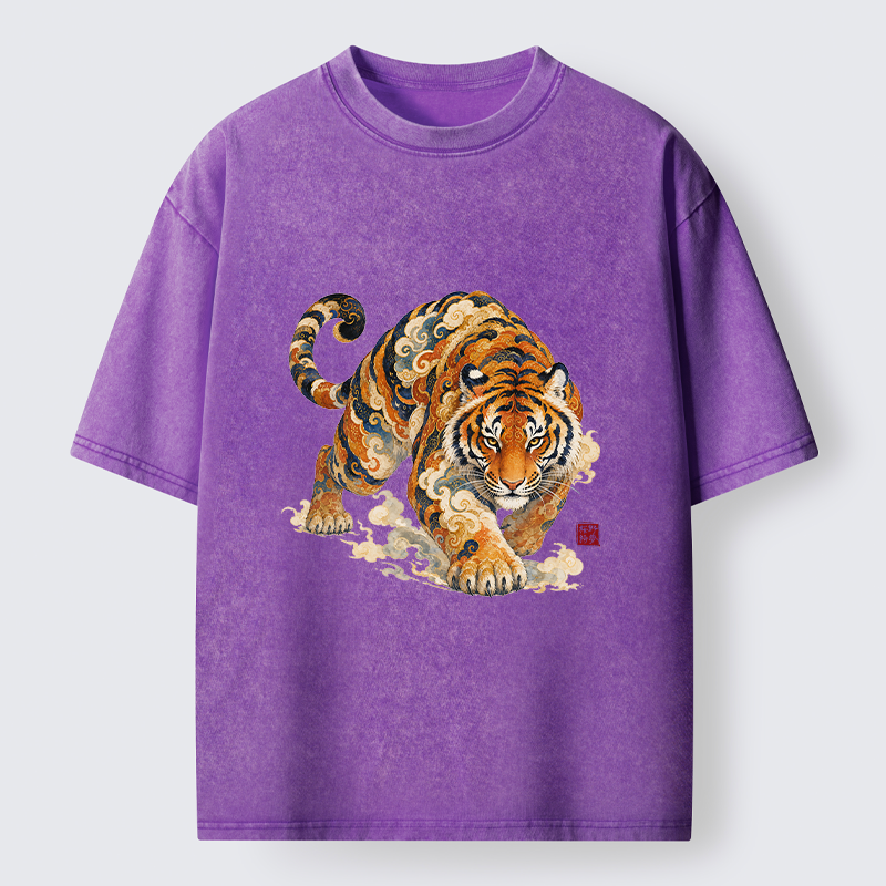 Tokyo-Tiger Vintage Cloud Tiger Print Washed T-Shirt