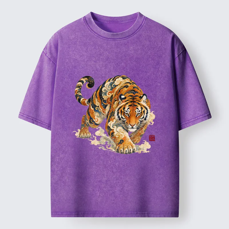 Tokyo-Tiger Vintage Cloud Tiger Print Washed T-Shirt