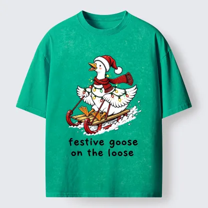Tokyo-Tiger Funny Christmas Lights Goose Meme Washed T-Shirt