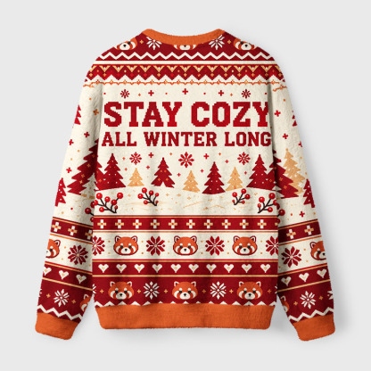 Tokyo-Tiger Sipping Coffee Red Panda Fuzzy Christmas Ugly Sweatshirt