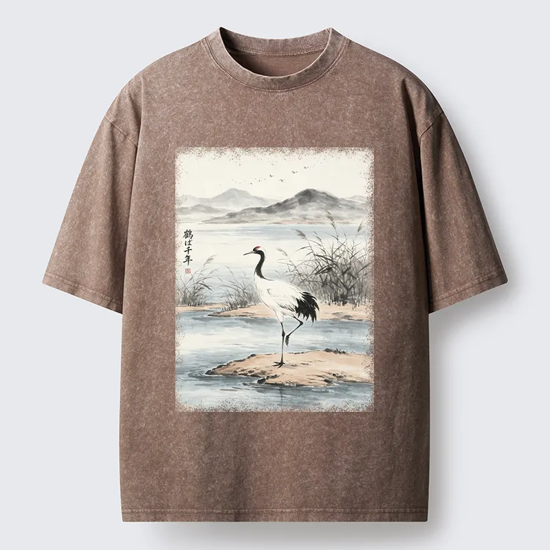 Tokyo‑Tiger Serene Oriental Crane Art Washed T‑Shirt Sale