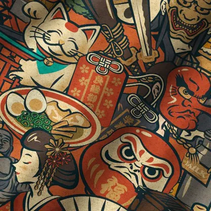 Tokyo-Tiger Japanese Traditional Elements Cuban Collar Shirt