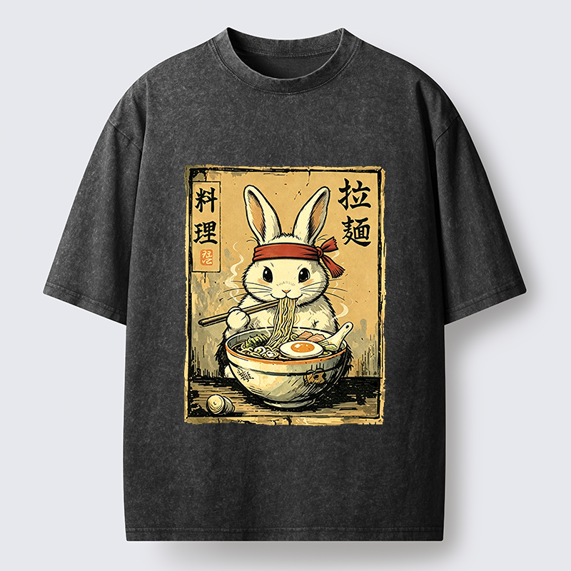 Tokyo-Tiger Cute Rabbit Eating Ramen Washed T-Shirt