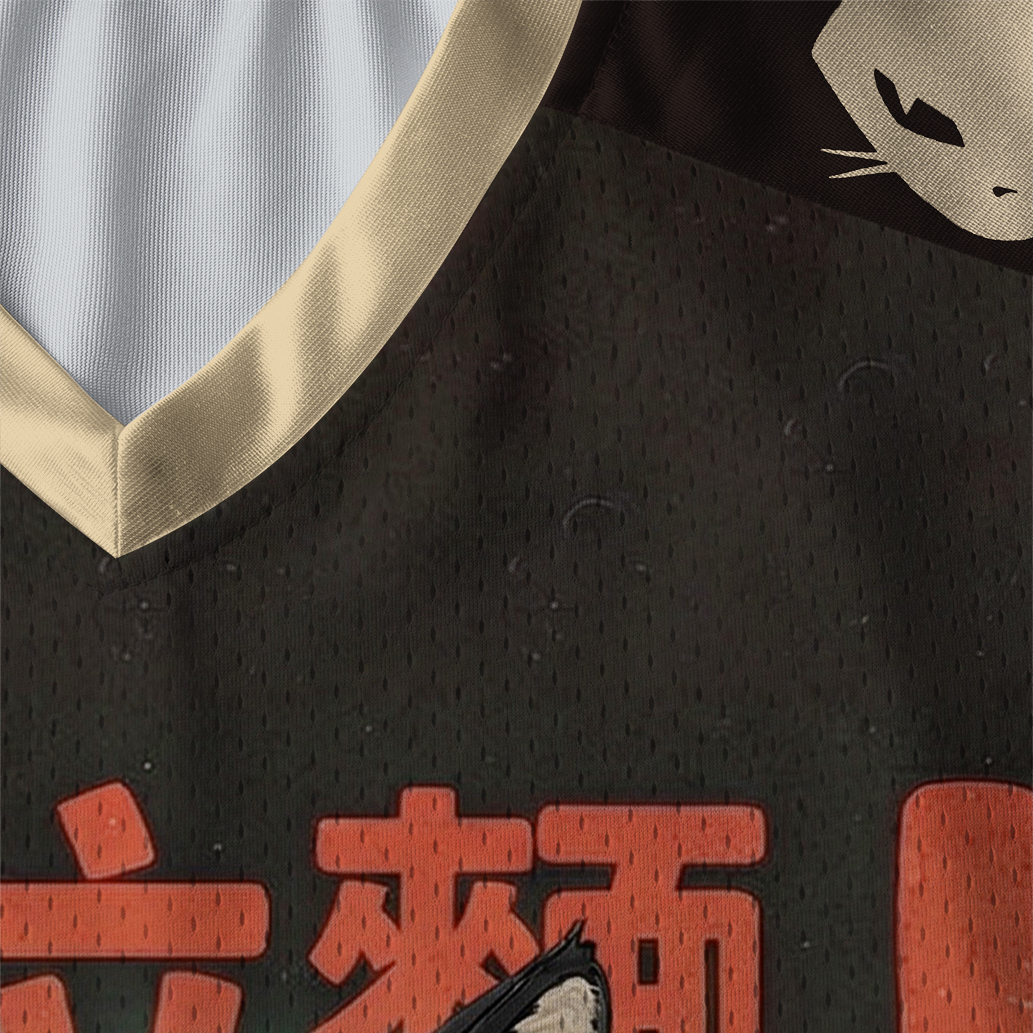 Tokyo-Tiger Black Cat Ramen Japanese Grunge Paneled Long Sleeve Jersey