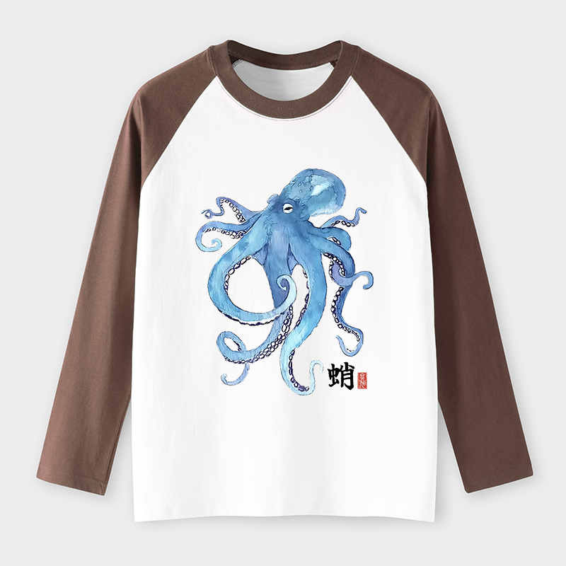 Tokyo-Tiger Watercolor Blue Octopus Raglan Long Sleeve T-shirt