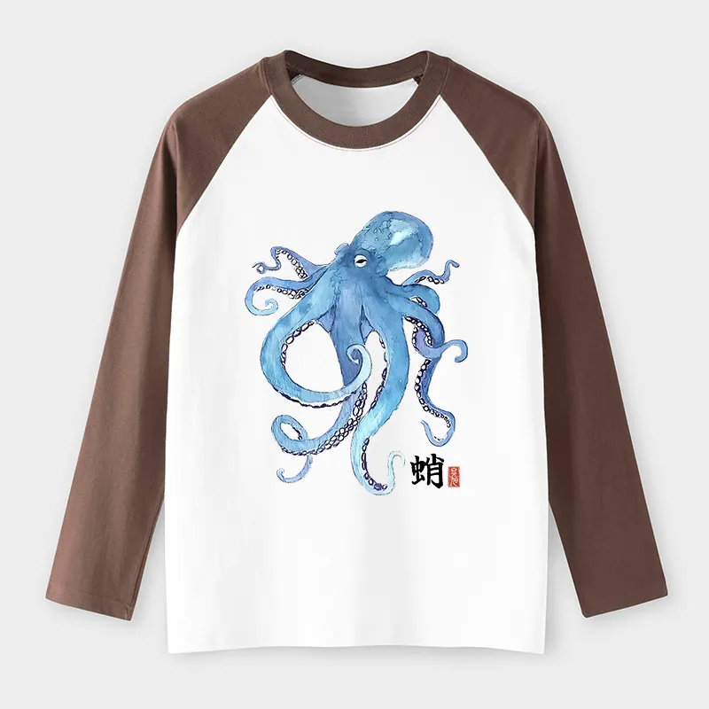 Tokyo-Tiger Watercolor Blue Octopus Raglan Long Sleeve T-shirt