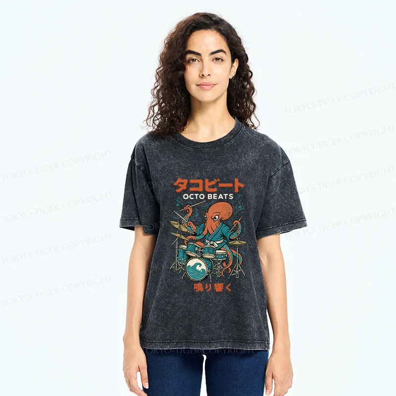 Tokyo-Tiger Octopus Drummer Washed T-Shirt