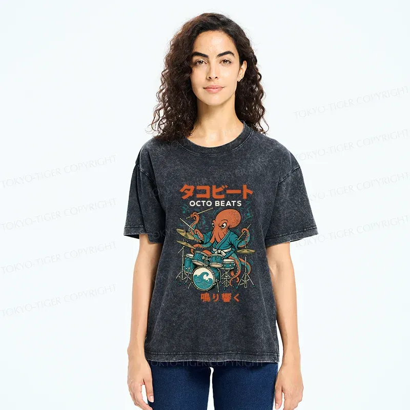 Tokyo-Tiger Octopus Drummer Washed T-Shirt