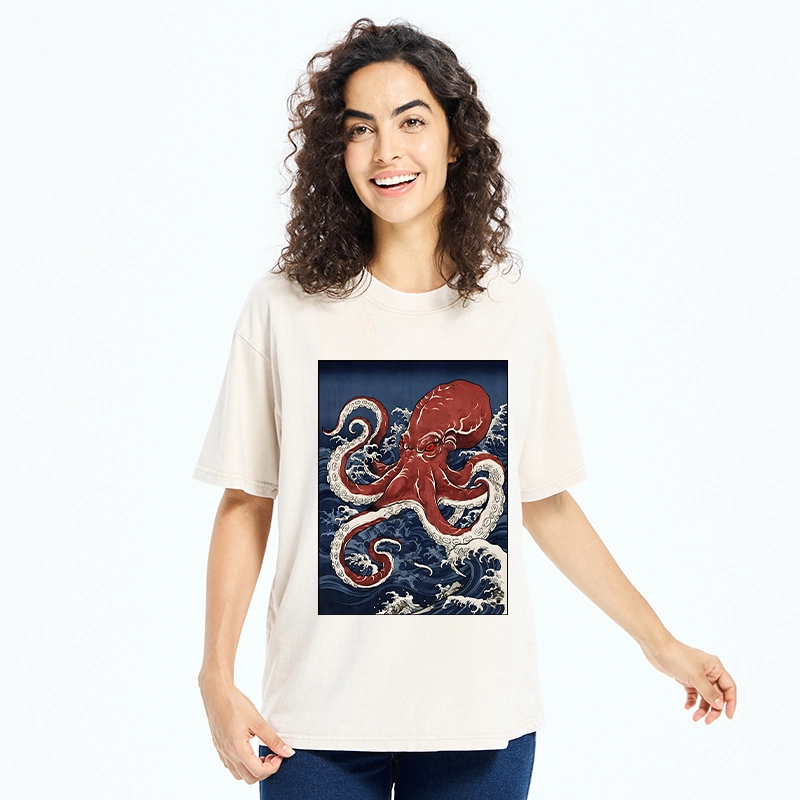 Tokyo-Tiger Japanese Octopus Wave Washed T-Shirt