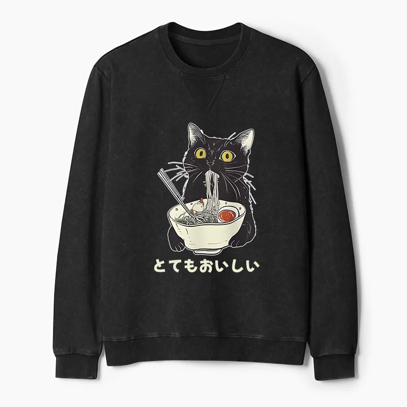 Tokyo-Tiger Cats Eat Ramen Noodles Washed Terry Sweatshirt