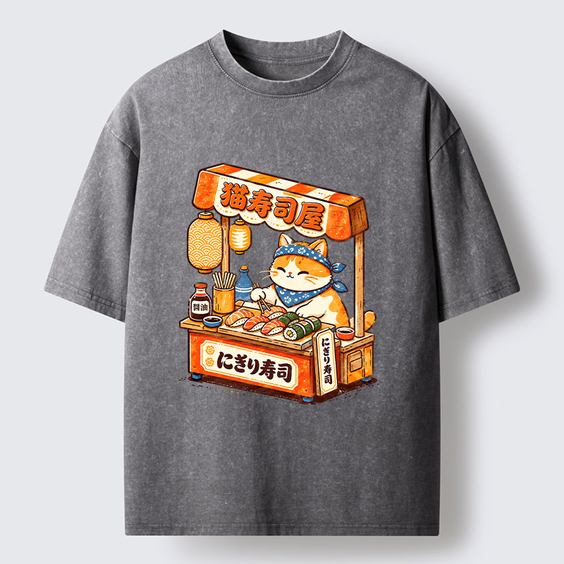 Tokyo-Tiger Cute Cat Running A Sushi Stall Washed T-Shirt