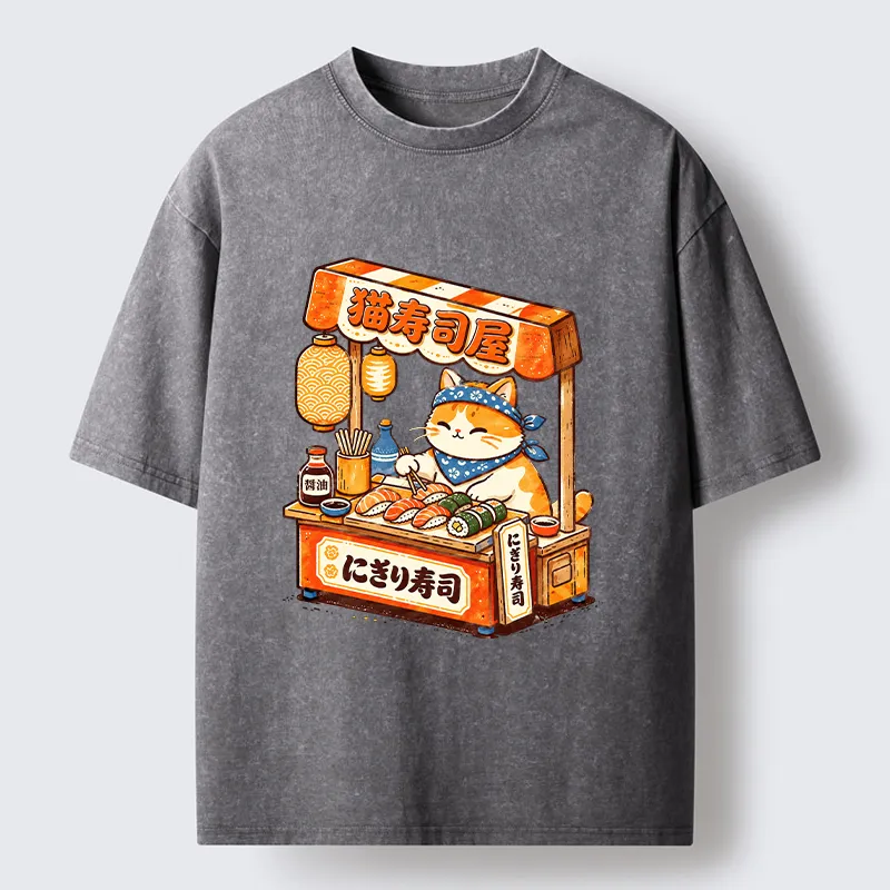 Tokyo-Tiger Cute Cat Running A Sushi Stall Washed T-Shirt