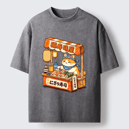 Tokyo-Tiger Cute Cat Running A Sushi Stall Washed T-Shirt