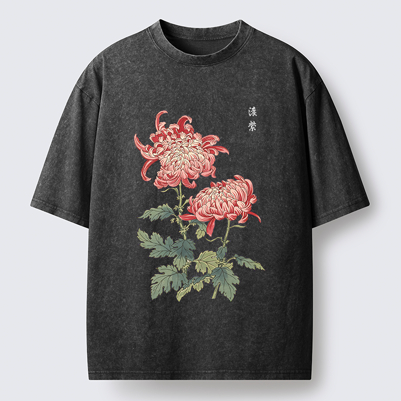 Tokyo-Tiger Vintage Red Chrysanthemum Flower Washed T-Shirt