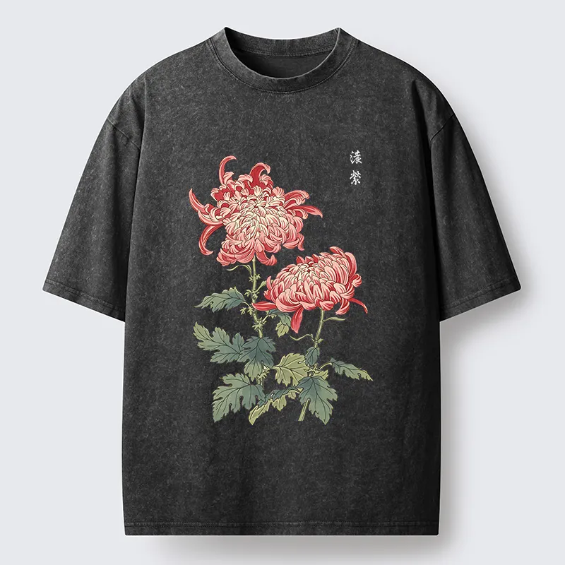Tokyo-Tiger Vintage Red Chrysanthemum Flower Washed T-Shirt
