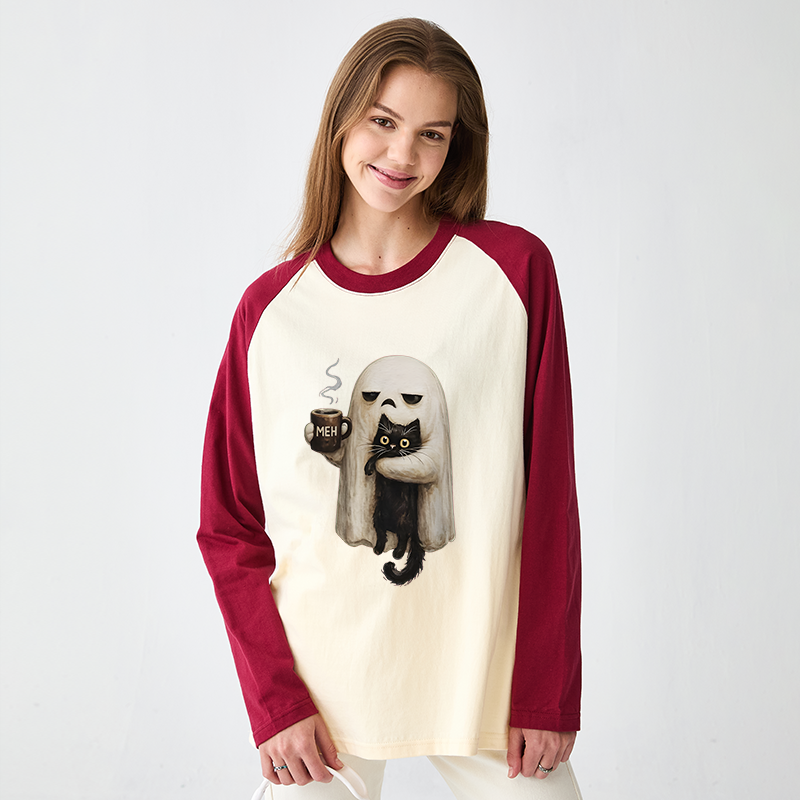 Tokyo-Tiger Ghost Cat Coffee Mood Raglan Long Sleeve T-shirt