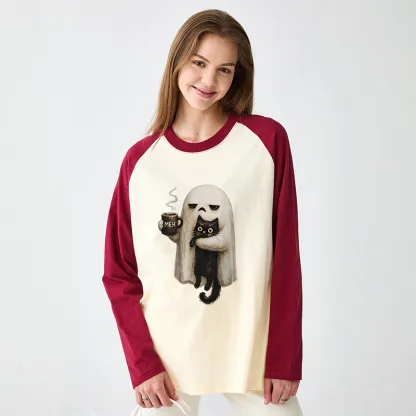 Tokyo-Tiger Ghost Cat Coffee Mood Raglan Long Sleeve T-shirt