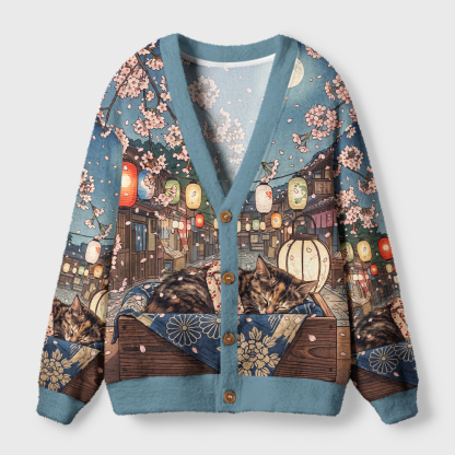 Tokyo-Tiger Napping Cat Under the Sakura Ugly Cardigan Sweater