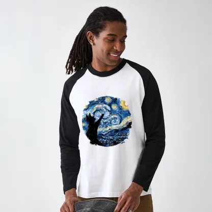 Tokyo-Tiger Starry Night Black Cat Raglan Long Sleeve T-shirt