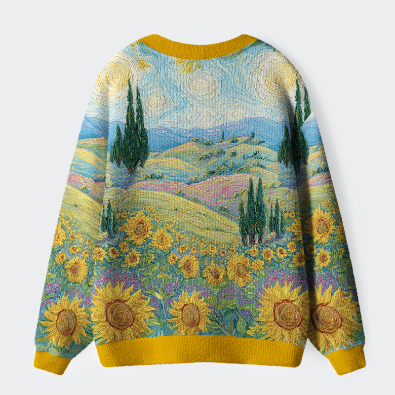 Tokyo-Tiger Van Gogh's Sunflower Dreams Ugly Cardigan Sweater