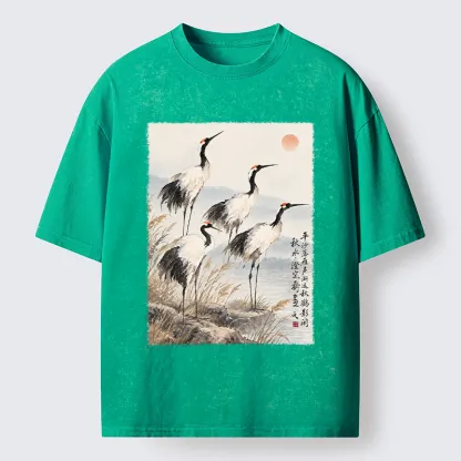 Tokyo-Tiger Vintage Oriental Crane Art Washed T-Shirt