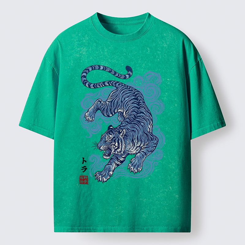 Tokyo-Tiger Japanese Blue Tiger Wave Art Washed T-Shirt