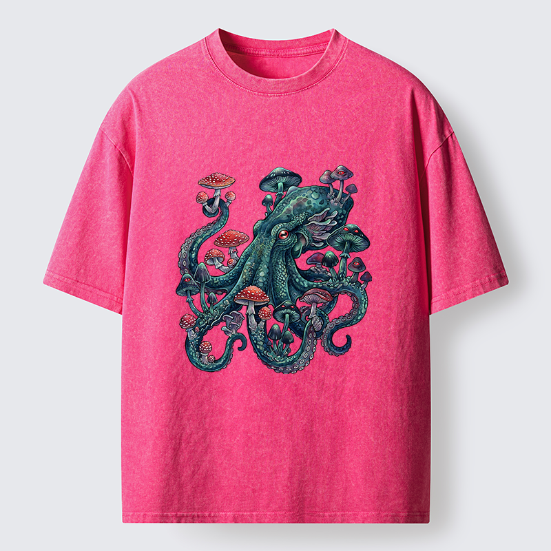Tokyo-Tiger Octopus Covered In Mushrooms Washed T-Shirt