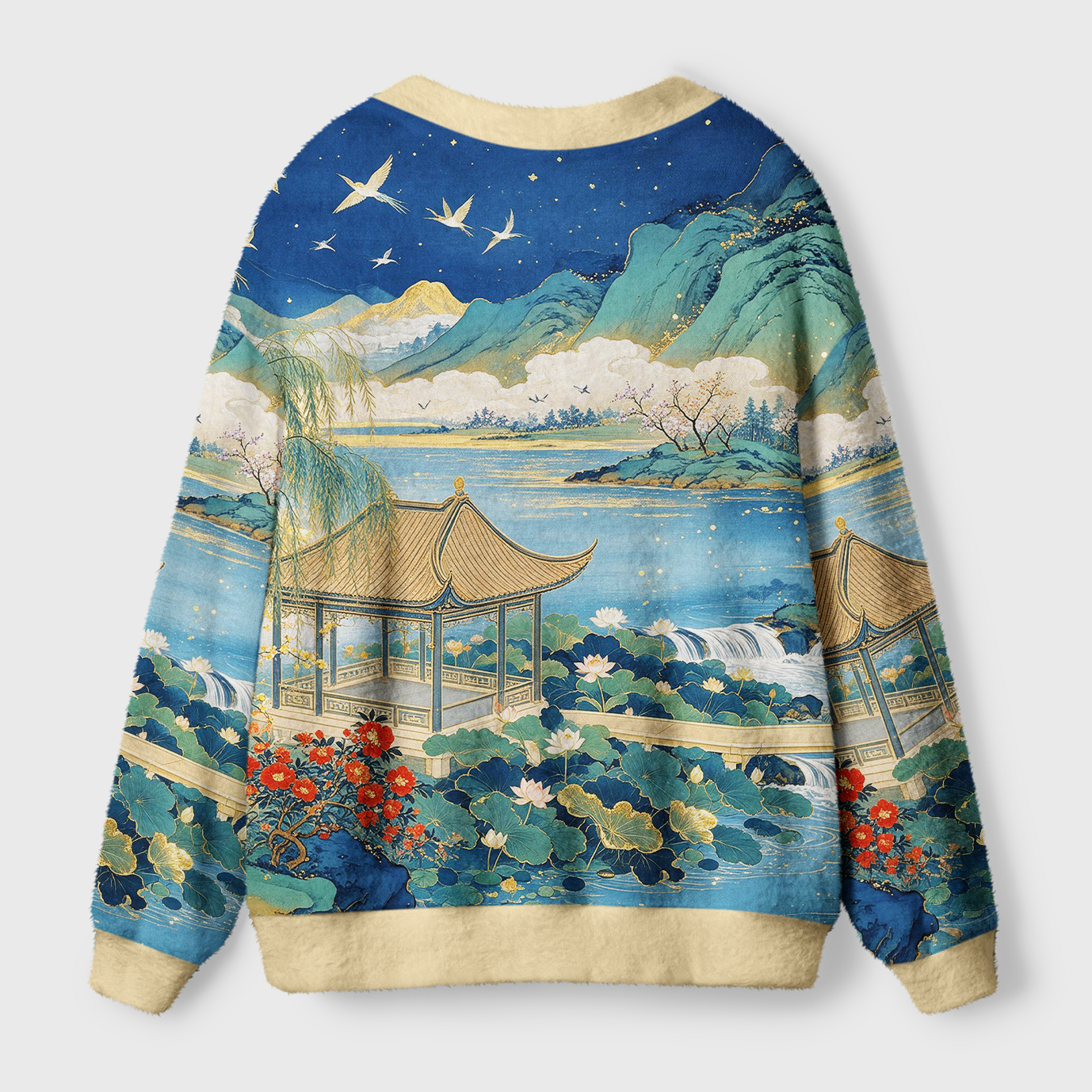 Tokyo-Tiger Vintage Oriental Blue Green Mountain Lake Scenery Ugly Cardigan Sweater