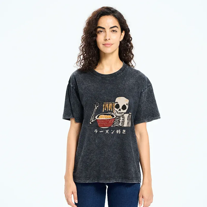 Tokyo-Tiger Skeleton Eating Ramen Washed T-Shirt