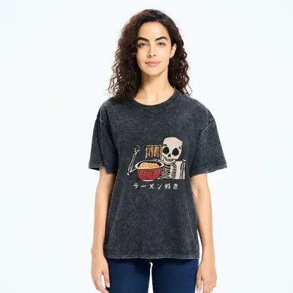 Tokyo-Tiger Skeleton Eating Ramen Washed T-Shirt