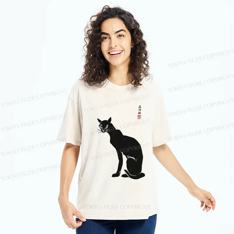 Tokyo-Tiger Slender Black Cat Washed T-Shirt