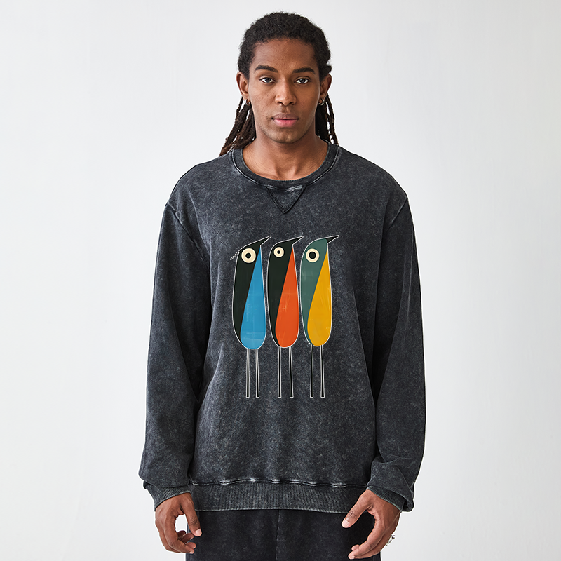 Tokyo-Tiger Bold Shape Birds Washed Terry Sweatshirt