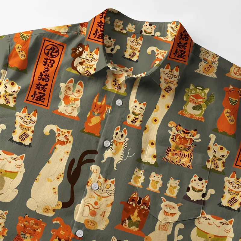 Tokyo-Tiger Various Japanese Lucky Cats Button-up Shirt