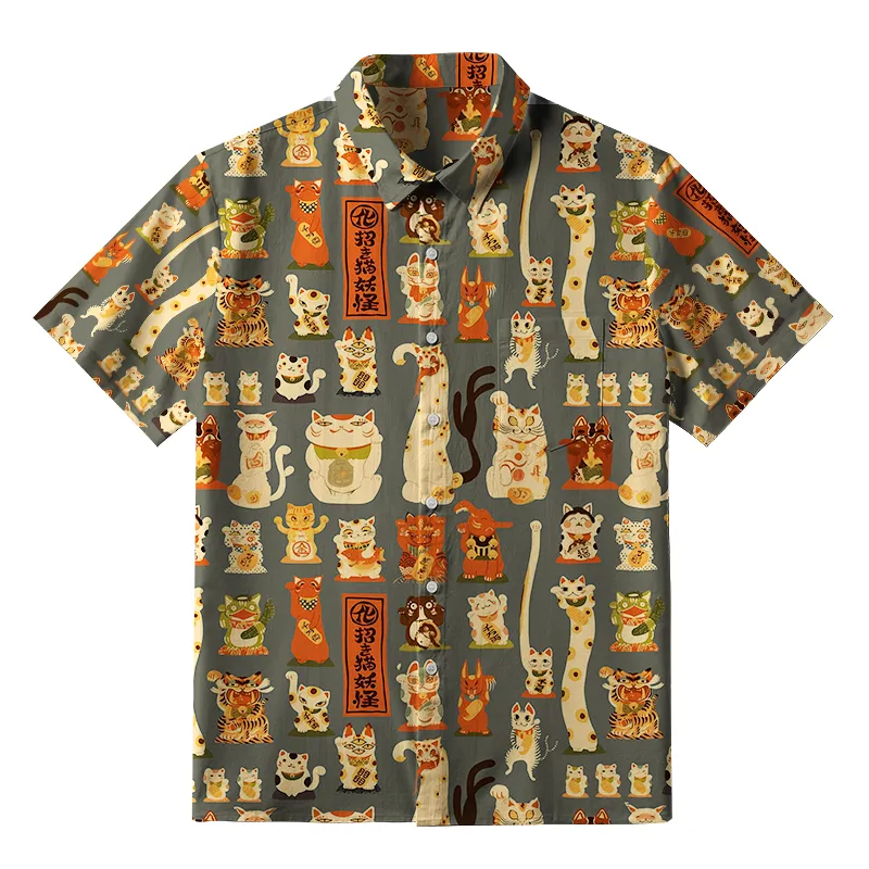 Tokyo-Tiger Various Japanese Lucky Cats Button-up Shirt