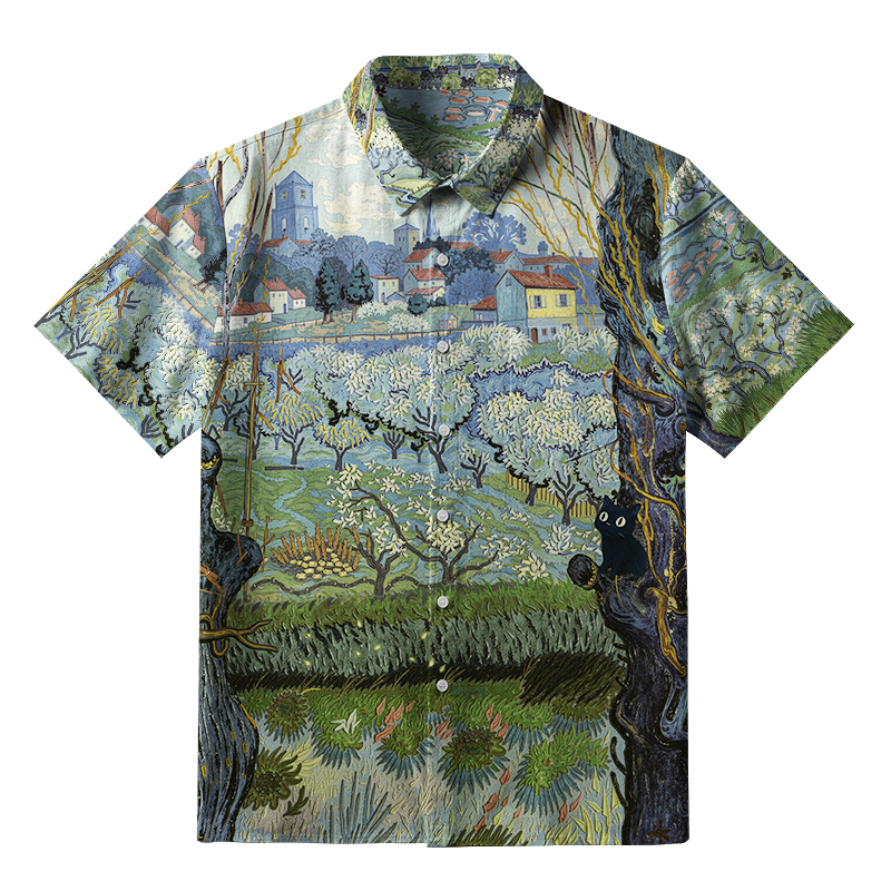 Tokyo-Tiger Black Cat Looking At Rural Scenery Button-up Shirt