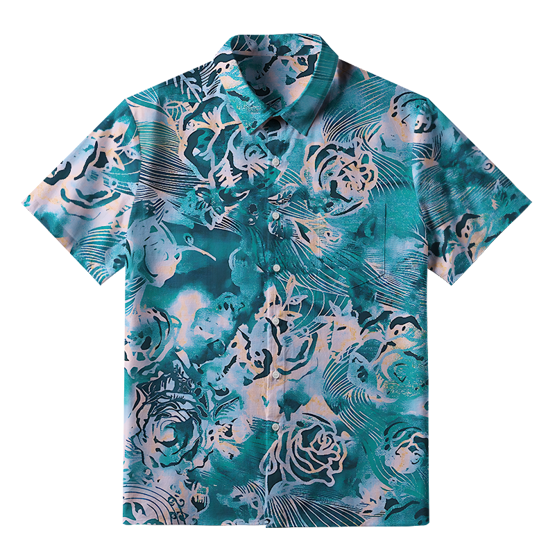Tokyo-Tiger Japanese Pattern Summer Flowers Blue Button-up Shirt