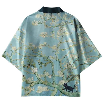 Tokyo-Tiger Black Cat On Sakura Branch Kimono Cardigan