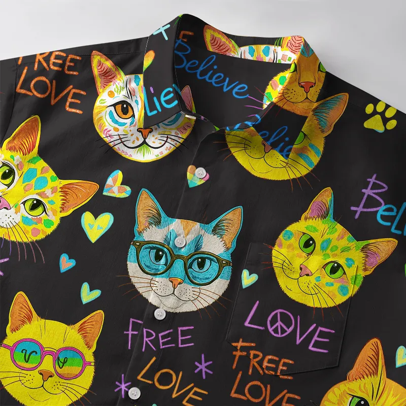 Tokyo-Tiger Free Love Rainbow Cat Believer Button-up Shirt