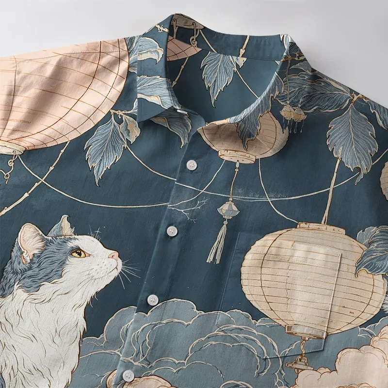 Tokyo-Tiger Mystical Cat Amidst Floral Lanterns Button-up Shirt