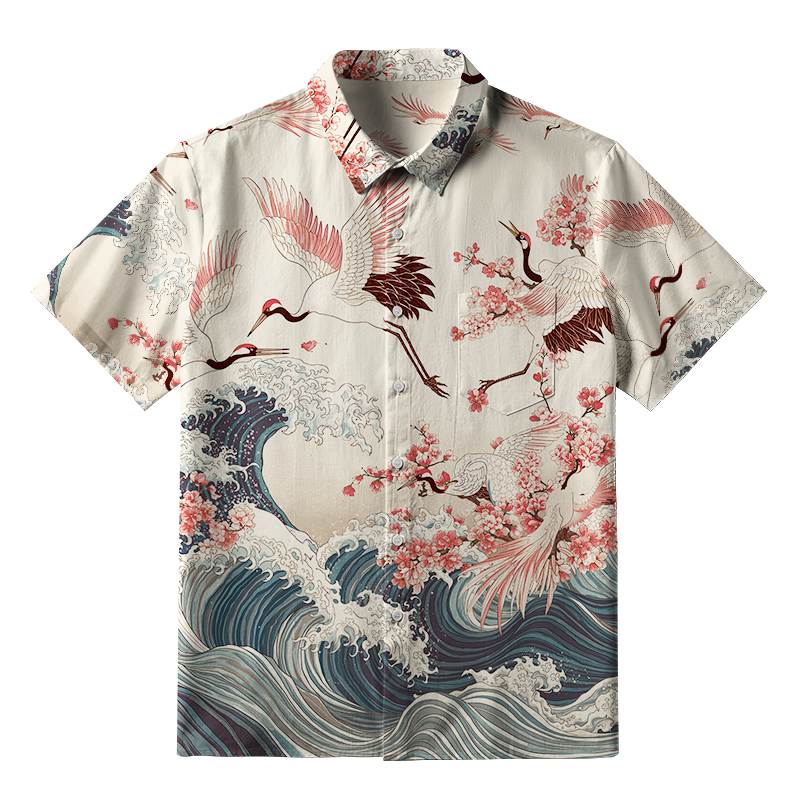 Tokyo-Tiger Cranes Dancing On The Waves Button-up Shirt