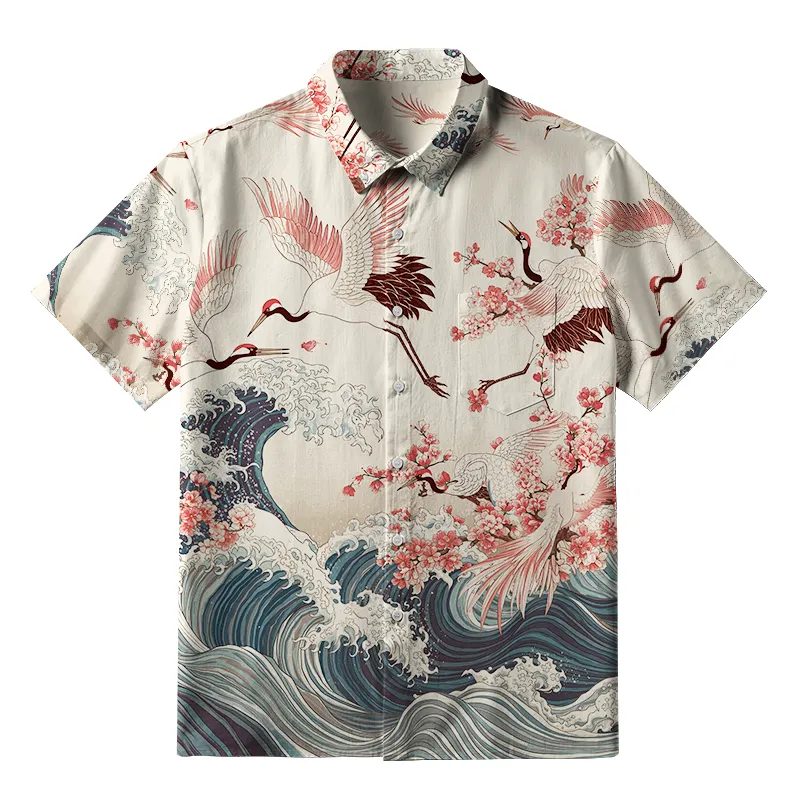 Tokyo-Tiger Cranes Dancing On The Waves Button-up Shirt