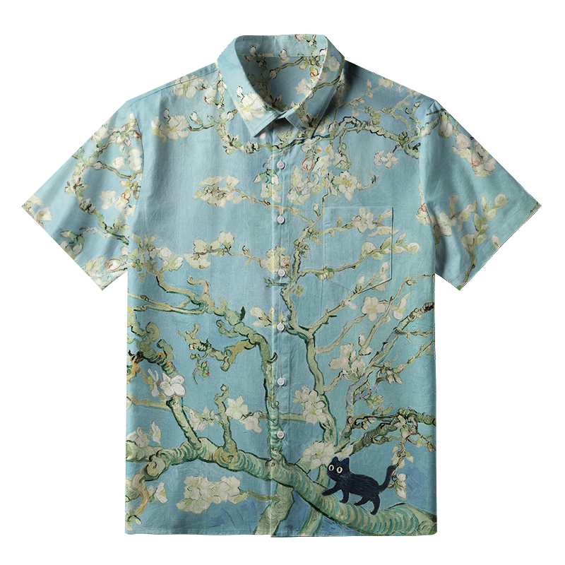 Tokyo-Tiger Black Cat On Sakura Branch Button-up Shirt