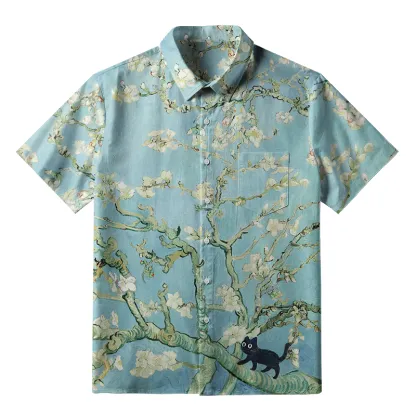 Tokyo-Tiger Black Cat On Sakura Branch Button-up Shirt