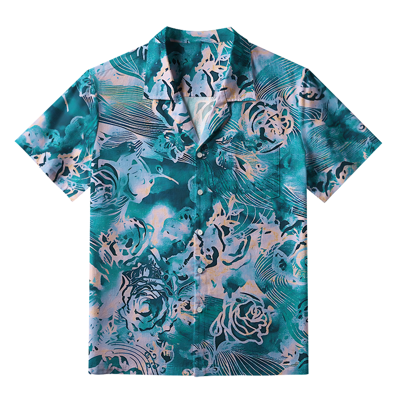 Tokyo-Tiger Japanese Pattern Summer Flowers Blue Aloha Hawaiian Shirt