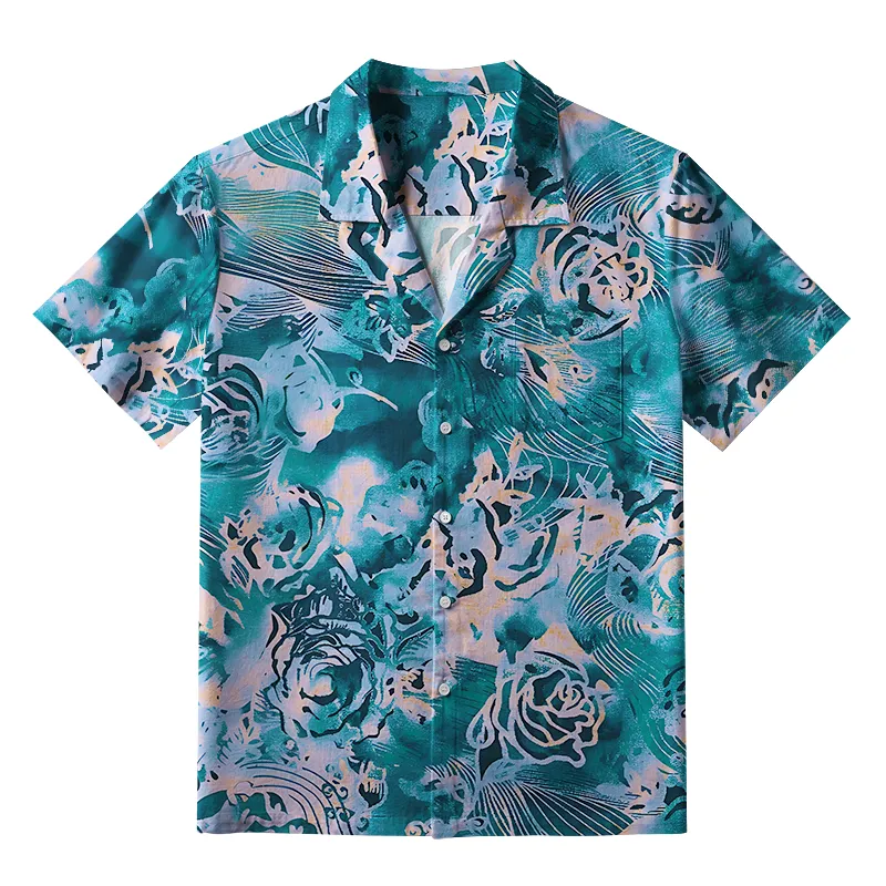 Tokyo-Tiger Japanese Pattern Summer Flowers Blue Aloha Hawaiian Shirt