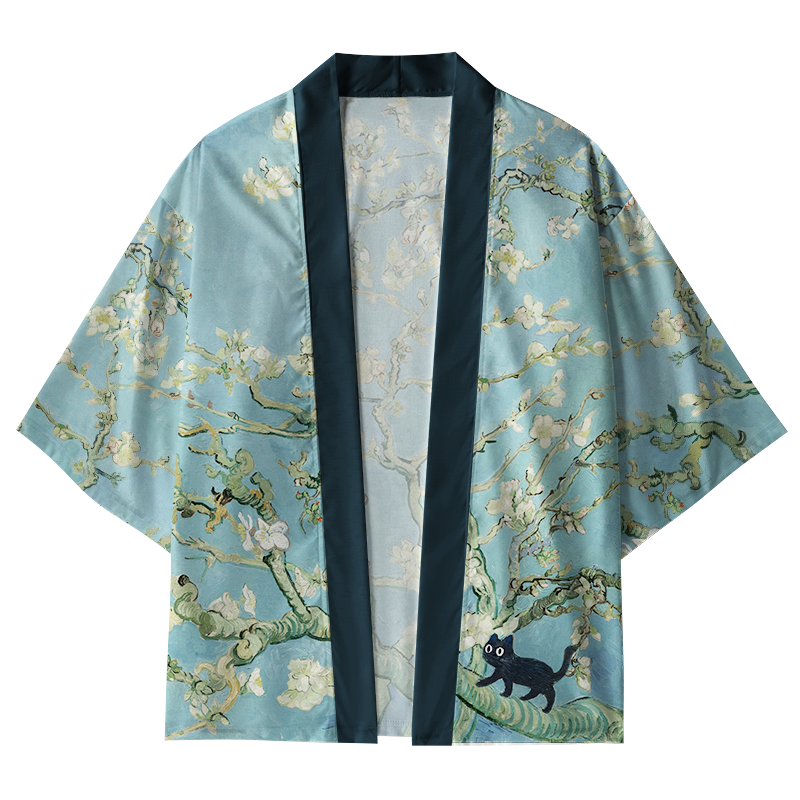 Tokyo-Tiger Black Cat On Sakura Branch Kimono Cardigan