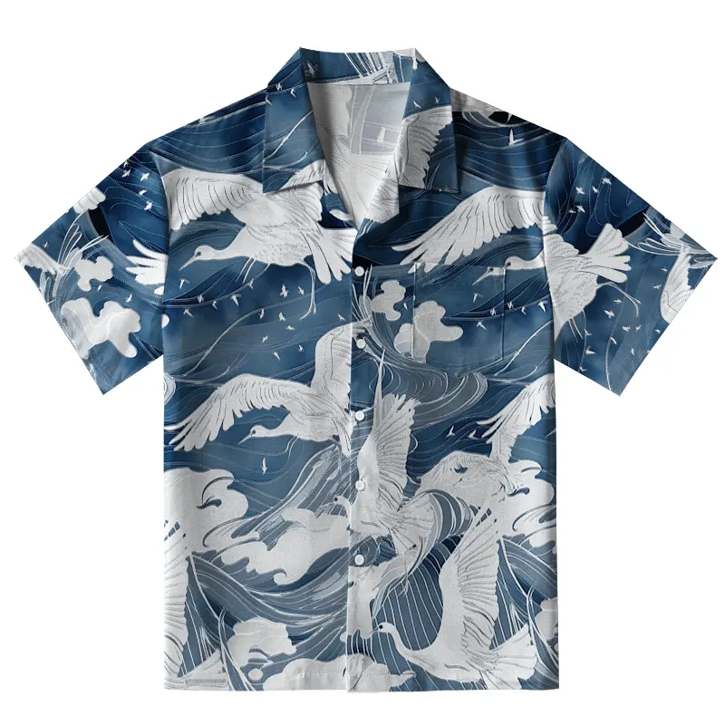 Tokyo-Tiger Graceful Cranes On Waves Aloha Hawaiian Shirt