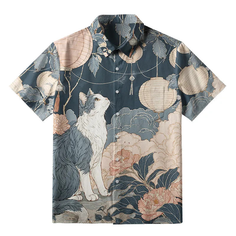 Tokyo-Tiger Mystical Cat Amidst Floral Lanterns Button-up Shirt