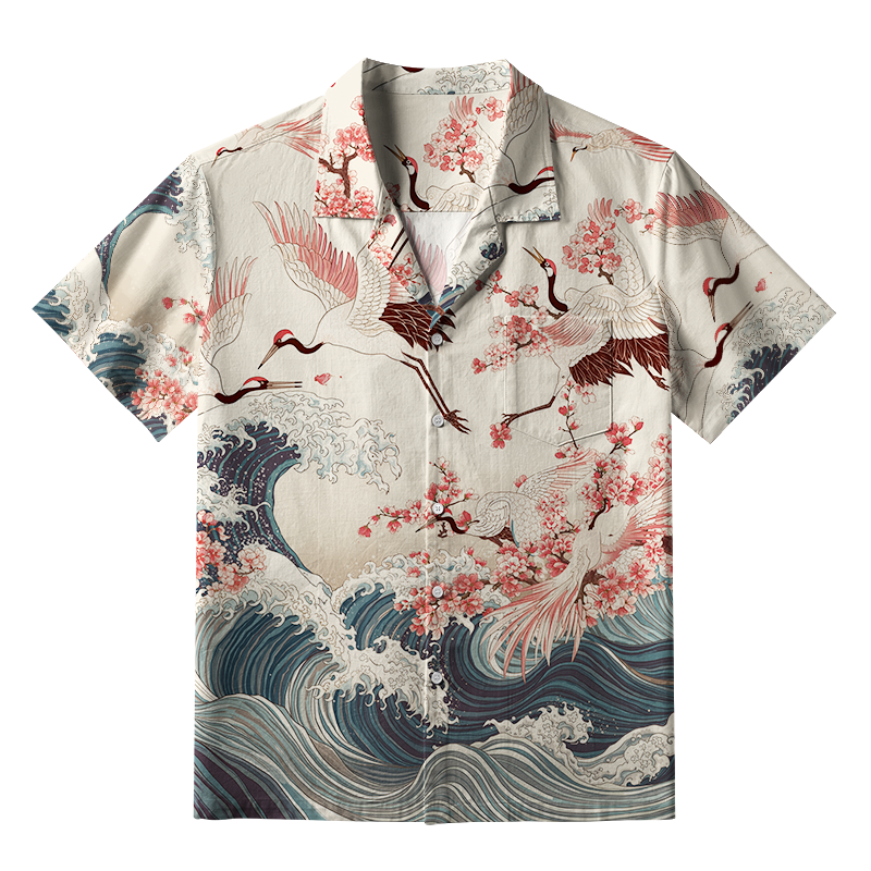 Tokyo-Tiger Cranes Dancing On The Waves Aloha Hawaiian Shirt